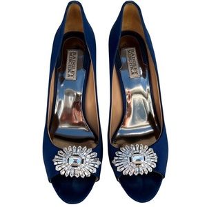 Badgley Mischka Blue Satin Rhinestone Peeptoe Heels